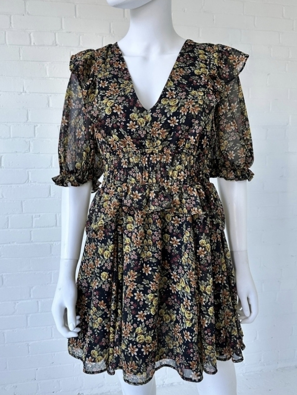 Topshop Dress Shirred Waist Mini Short Sleeve Square Back Floral Boho Womens 6